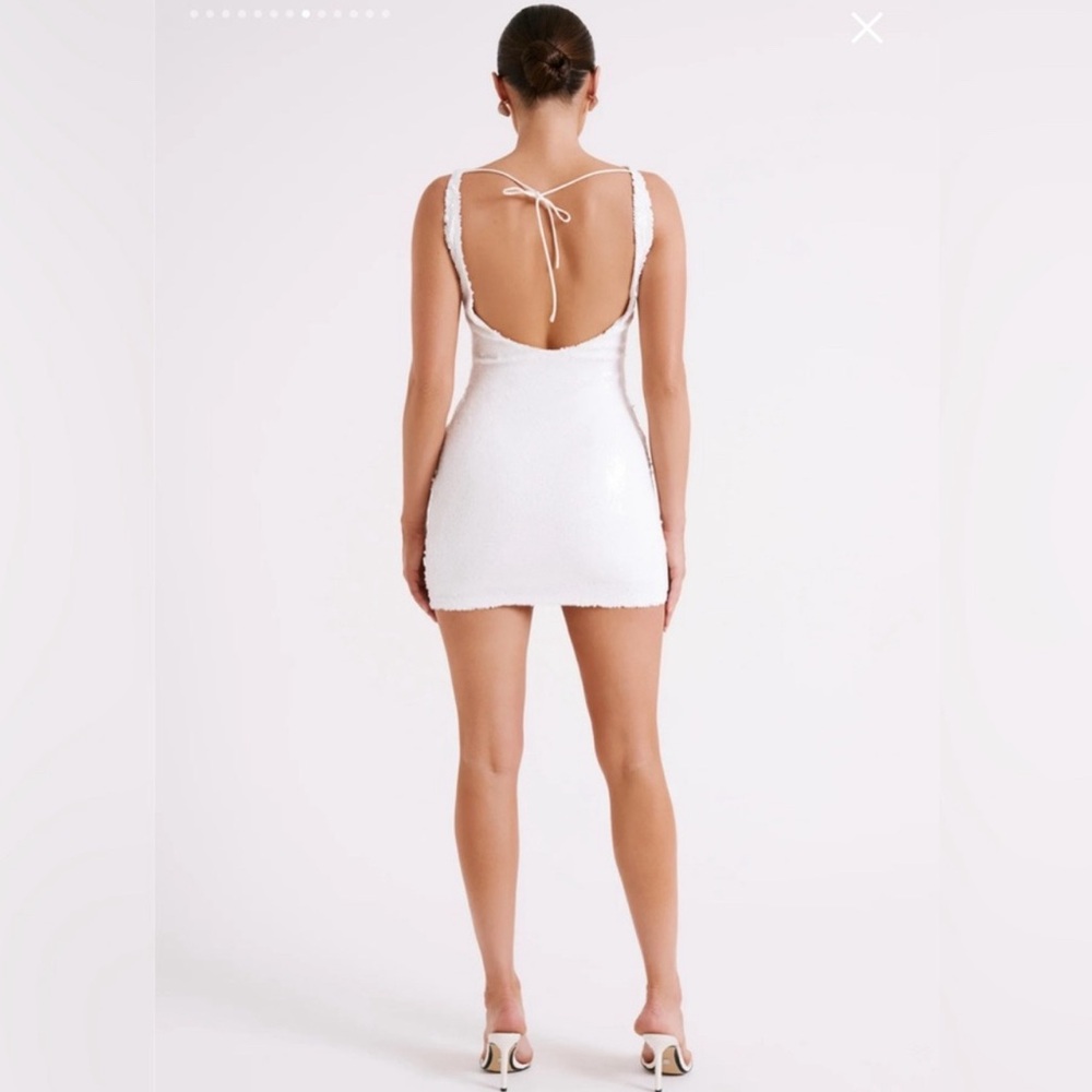 Meshki open back mini white sequin dress
